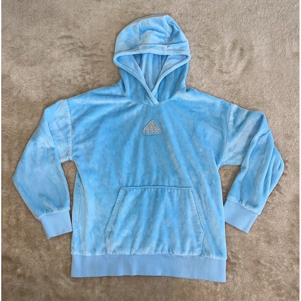 Adidas Fleece Hoodie Girls 14 Long Sleeve Hood Pullover Pocket Soft Blue